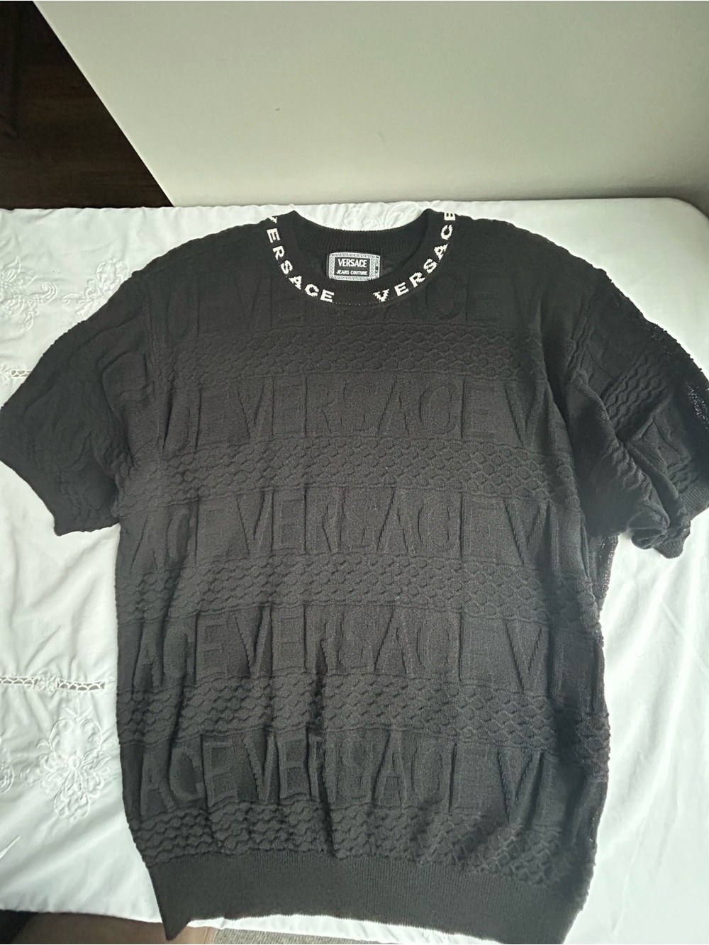 Versace Black Short-Sleeve Knit Sweater with Logo Collar
